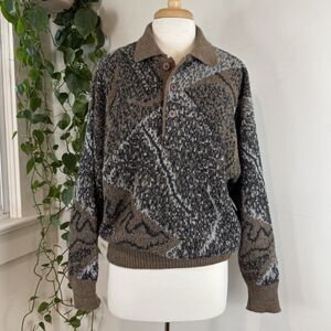 Vintage Made in Italy Wool Blend Abstract Knit Collared Polo Grandpa Sweater
